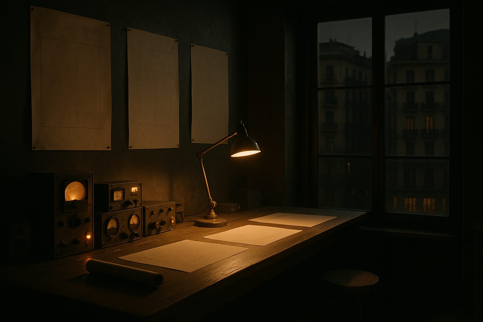 El estudio de noche: banco de trabajo con instrumentos de indicadores ámbar y el Eixample por la ventana