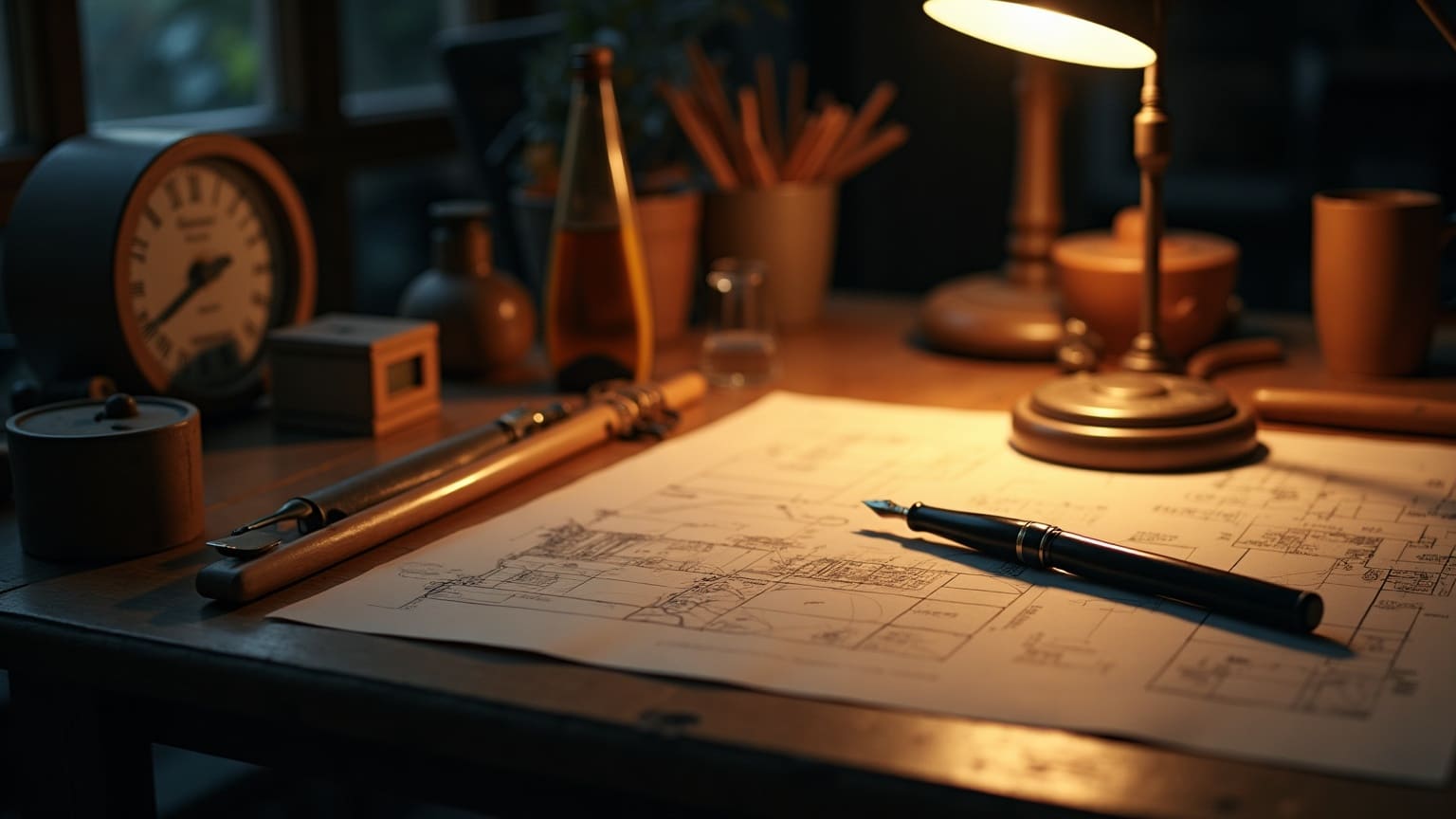 Mesa de trabajo del estudio de noche: planos, pluma e instrumentos con indicadores ámbar bajo la luz del flexo